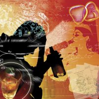 Illustrasjonen viser en silhuett av en mann som holder en flaske og støtter hodet i den ene hånda. I bakgrunnen skimtes ei jente som drikker av en flaske.