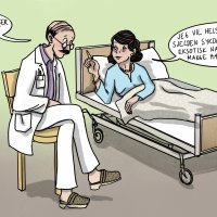 Illustrasjonen viser en lege som sitter ved pasienten i senga. Han sier: "Har du noen tanker rundt diagnose?". Hun svarer: "Jeg vil helst ha en sjelden sykdom med et eksotisk navn ikke så mange har hørt om."