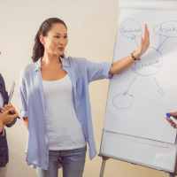 Bildet viser fem personer som har møte stående foran et whiteboard