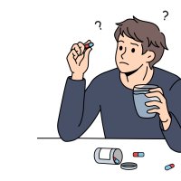 Illustrasjonen viser en ung mann som holder en pille i den ene hånden, et vannglass i den andre, og har mange spørsmålstegn rundt hodet.