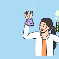 Illustrasjonen viser en helsearbeider som holder et reagensglass i hver hånd.