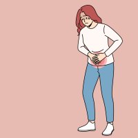 Illustrasjonen viser en kvinne med vondt i magen.