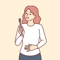 Illustrasjonen viser en kvinne som holder en gaffel og holder seg på magen.