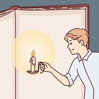 Illustrasjonen viser en mann med en lysestake som ser i en bok.