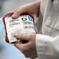 Bildet viser hender som holder en blodpose.