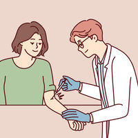 Illustrasjonen viser en dame som får vaksine av en lege