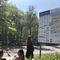 Bildet viser en dame som står foran et digert skilt foran St. Olavs hospital. Skiltet viser informasjon om sykehuset